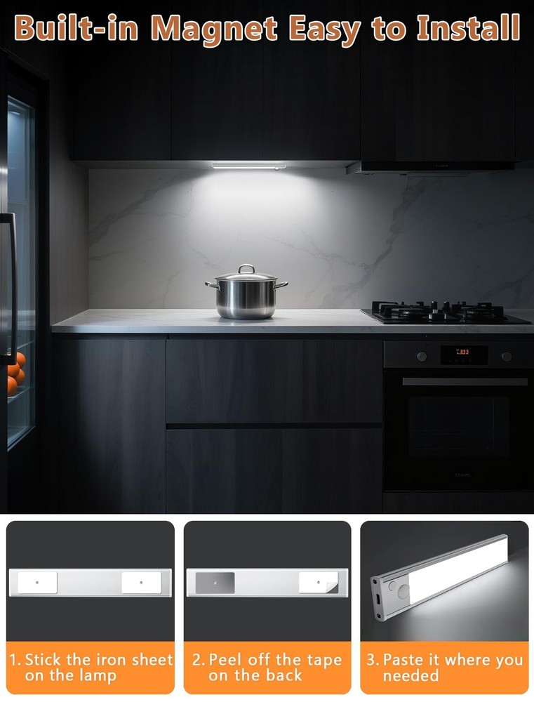 Under Cabinet Motion Sensor Lighting: 8 Inch Dimmable Rechargeable Lights Ind...