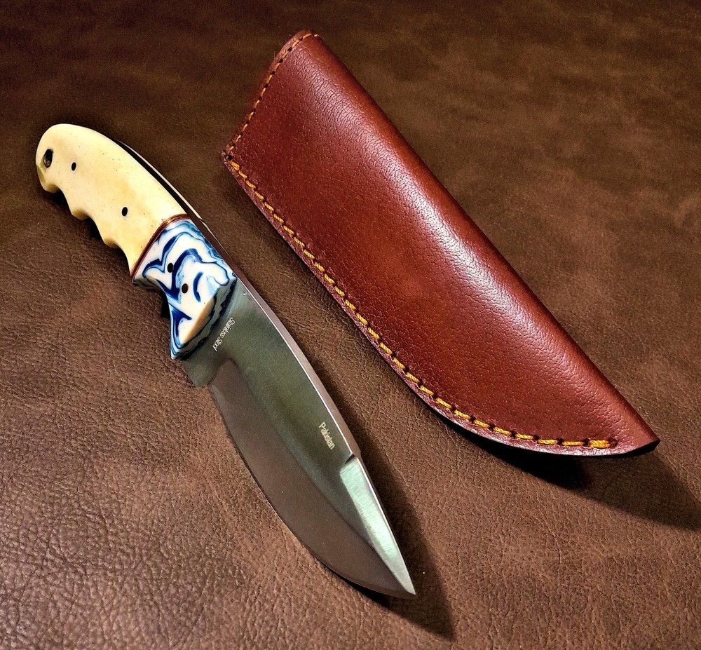 8" Real Bone Hunter Hiker, Camper, Small Real Bone EDC Knife w/Leather Sheath
