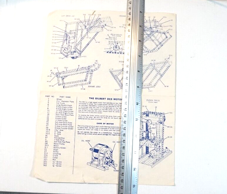 Gilbert Erector 4 Page Booklet Model Building Using DC3 Motor