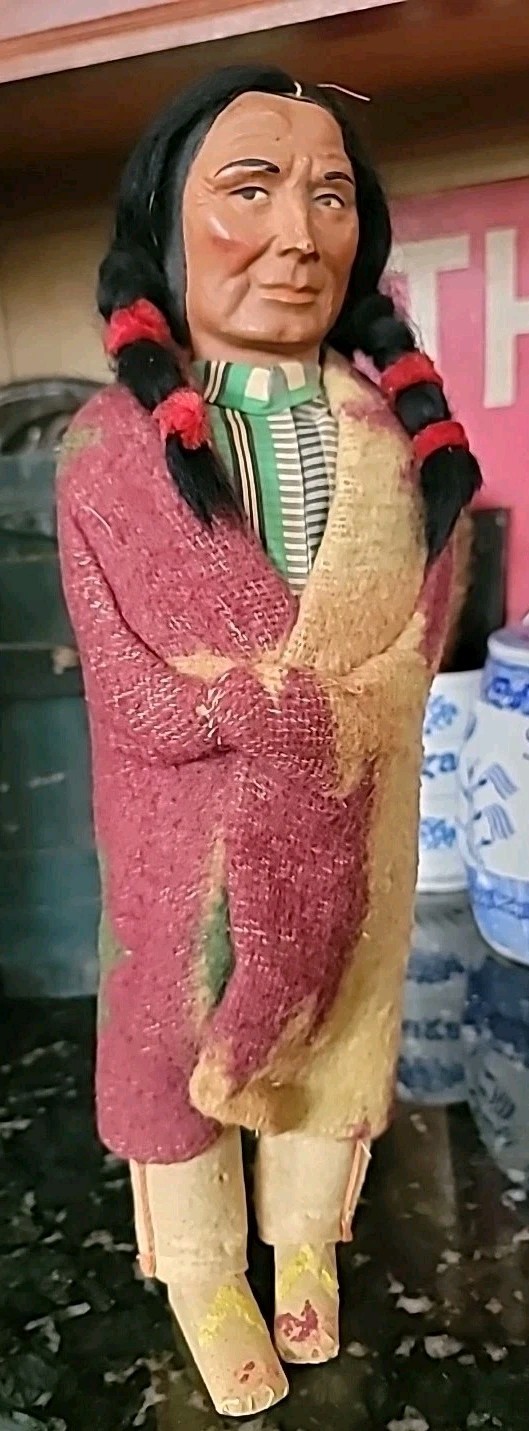 Antique Skookum Doll Early Paint Face Wool Straw Stuffed Mohair Wood Legs 15 1/2