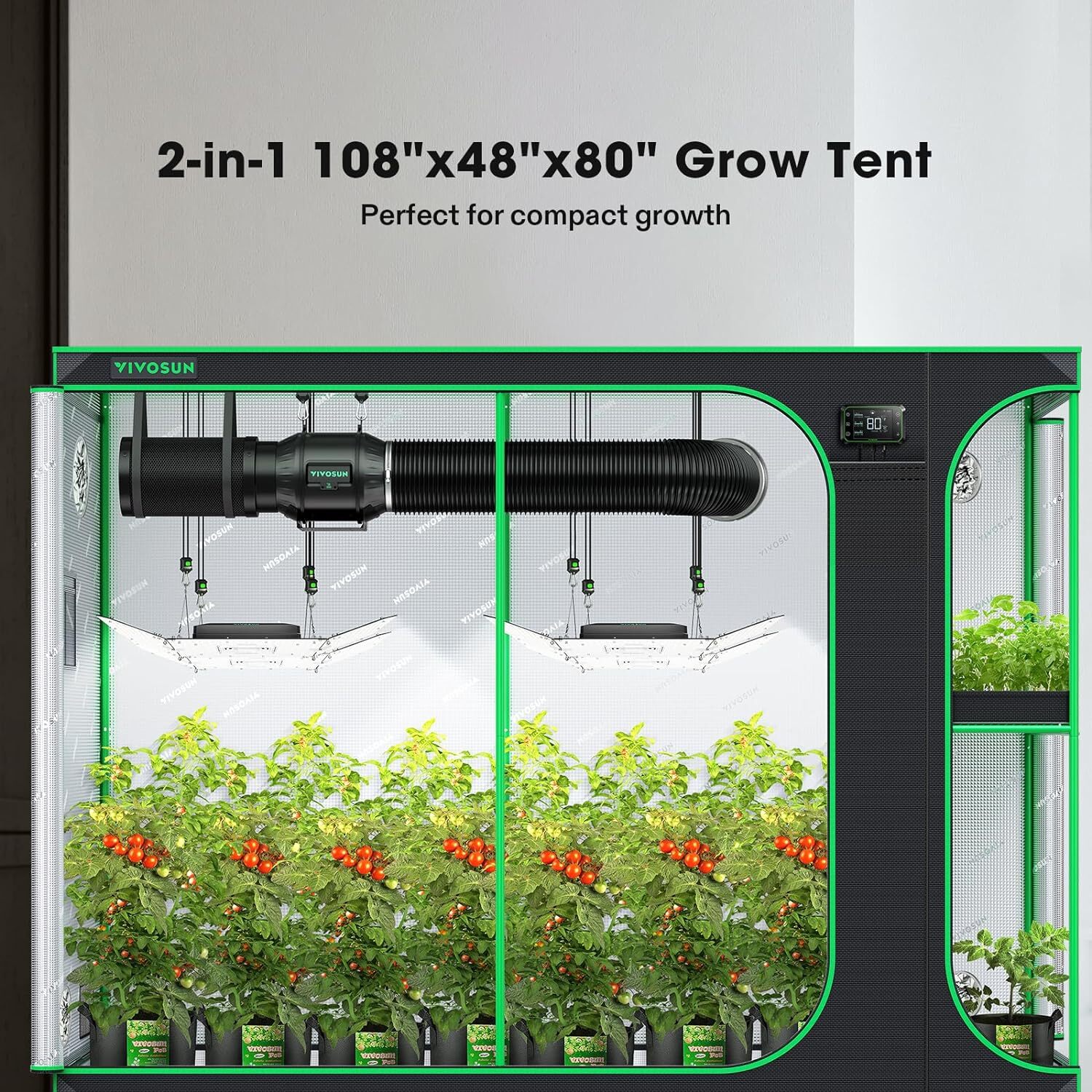 VIVOSUN 2-in-1 108"x48"x80" Grow Tent 2 small chamber Hydroponic Indoor Planting