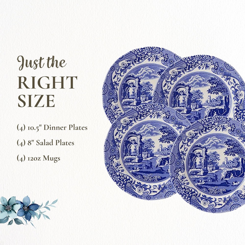 Spode Blue Italian Collection 12 Piece Dinnerware Set, Fine Earthenware