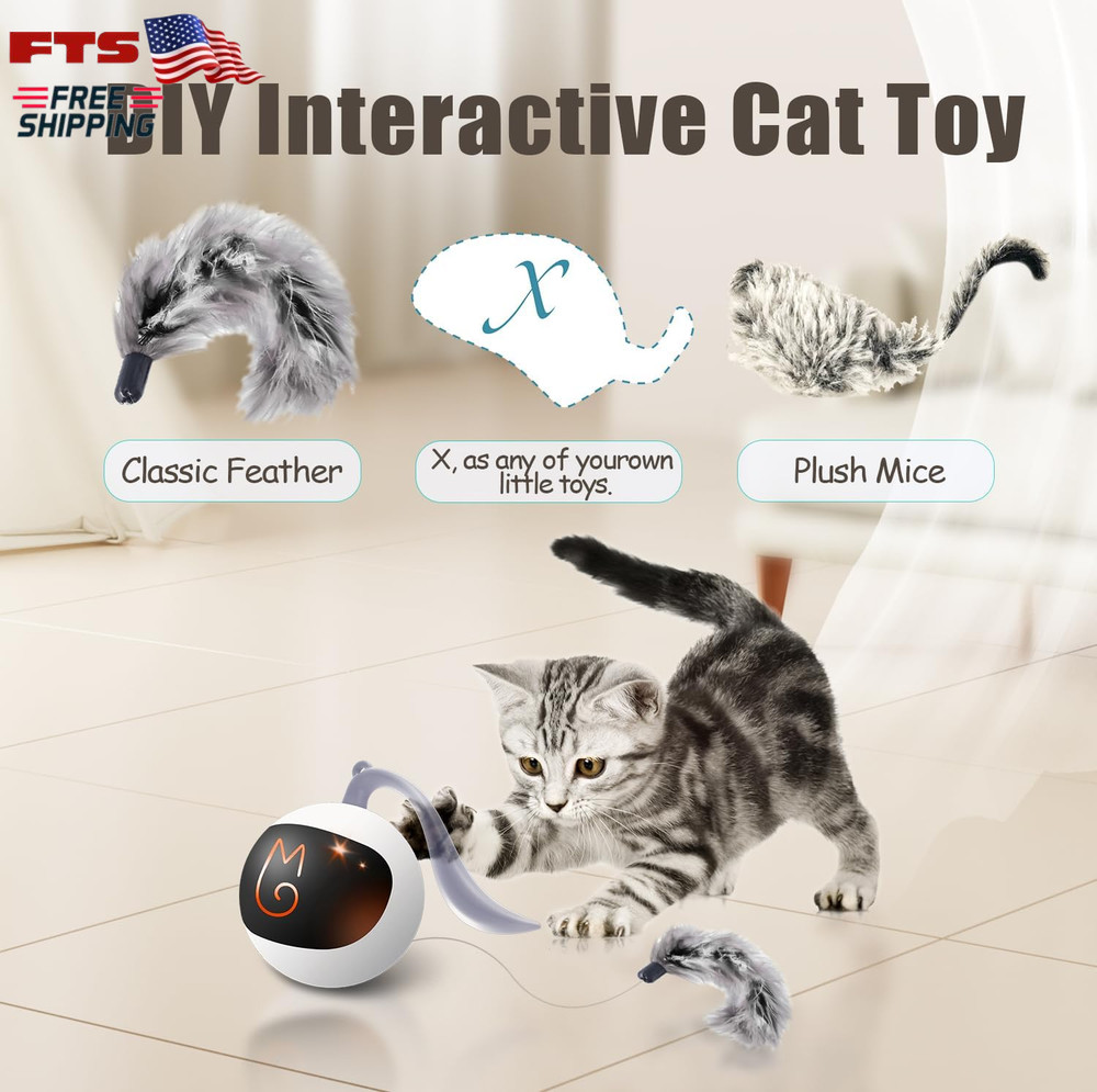 Automatic Interactive Cat Ball Toy Rechargeable Rolling Chase Ball with Tail Whi
