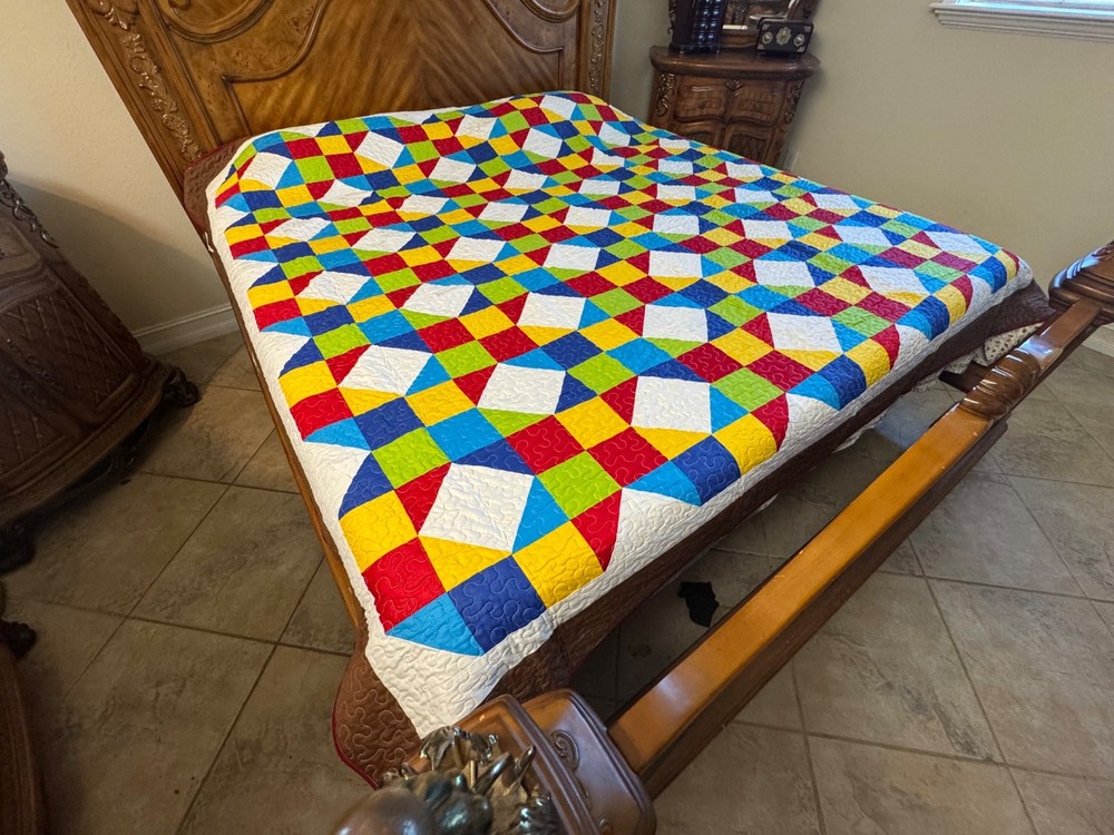 Queen Size Machine Pieced And quilted Single wedding Ring Patchwork Quilt#