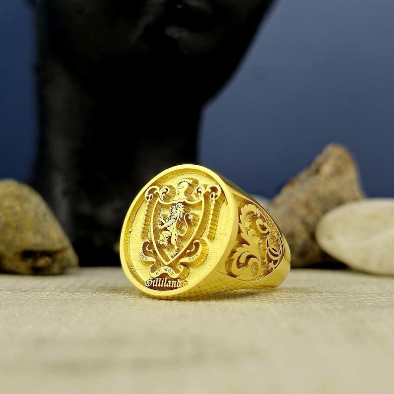 Custom Gold Plated Crest Ring for Men - Engraved Coat of Arms Signet Jewelry