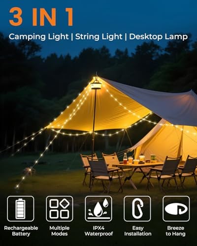 Camping String Lights, Retractable 32.8ft RGB Flash Lamp, 1 Black&Orange
