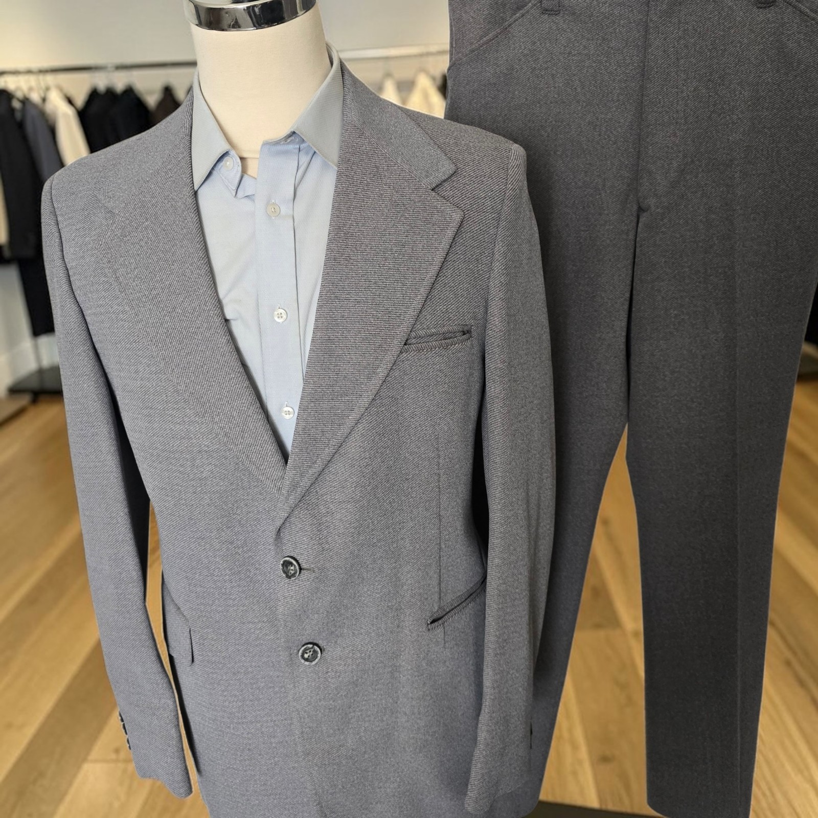 Vintage 1970s Polyester Hopsack Suit 44L 36x33 Flared Leg Wide Lapel