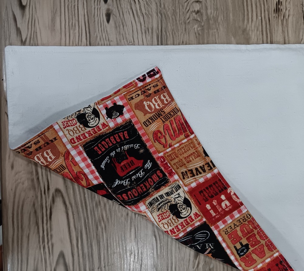 Handmade Reversible Table Runner BBQ Print and Solid Creamy White Choose Size