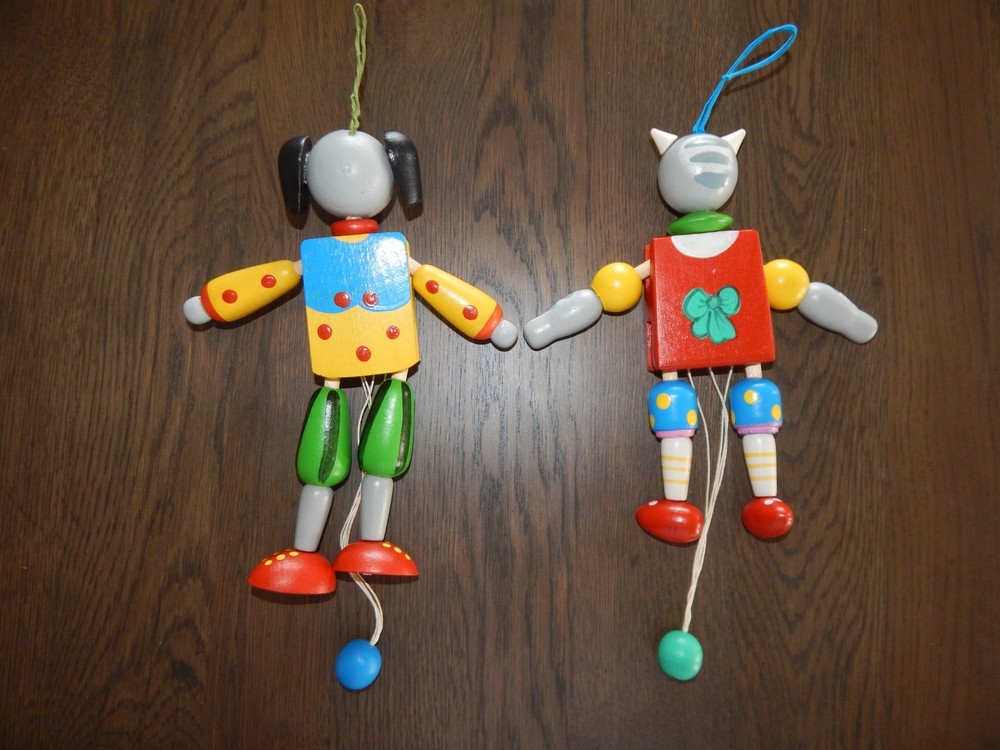 Wooden Jumping Jack Puppet Toy Pull String Dog & Cat Ornaments