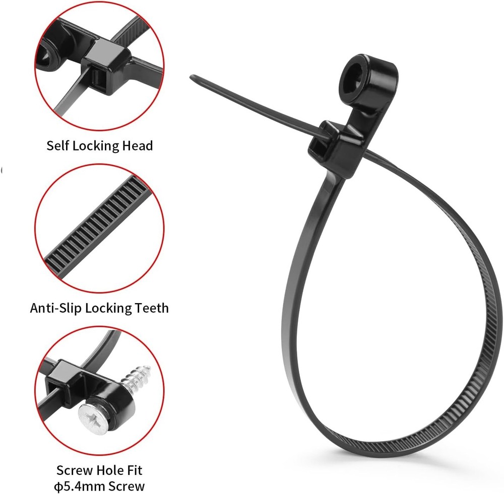 1000 Pack 12" Black Zip Ties 70lbs Mountable Head