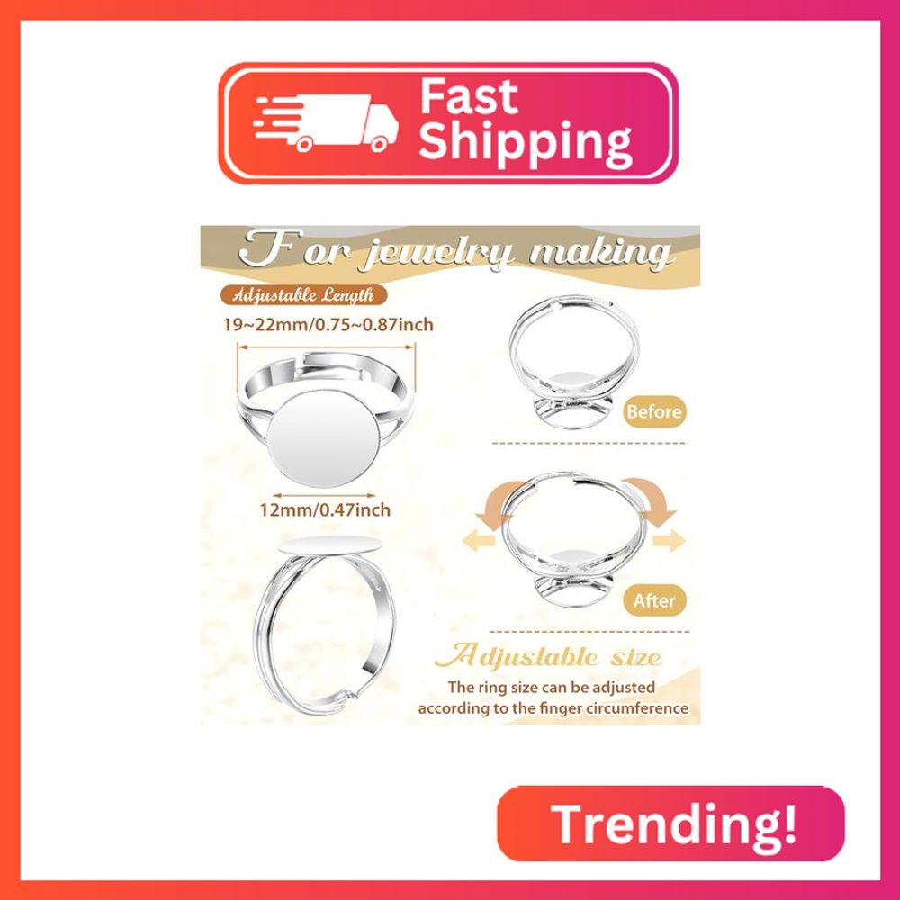 Herdear 40 Pieces Blank Ring Plated 12 mm DIY Adjustable Flat Blank Ring Base Je