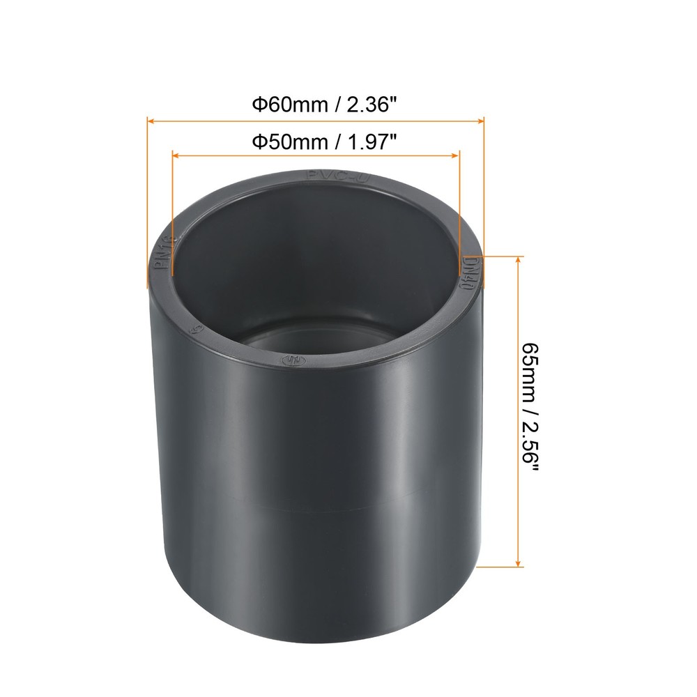 UPVC Pipe Fitting 50mm 1.97" Socket, 2pcs Straight Joint, Dark Grey