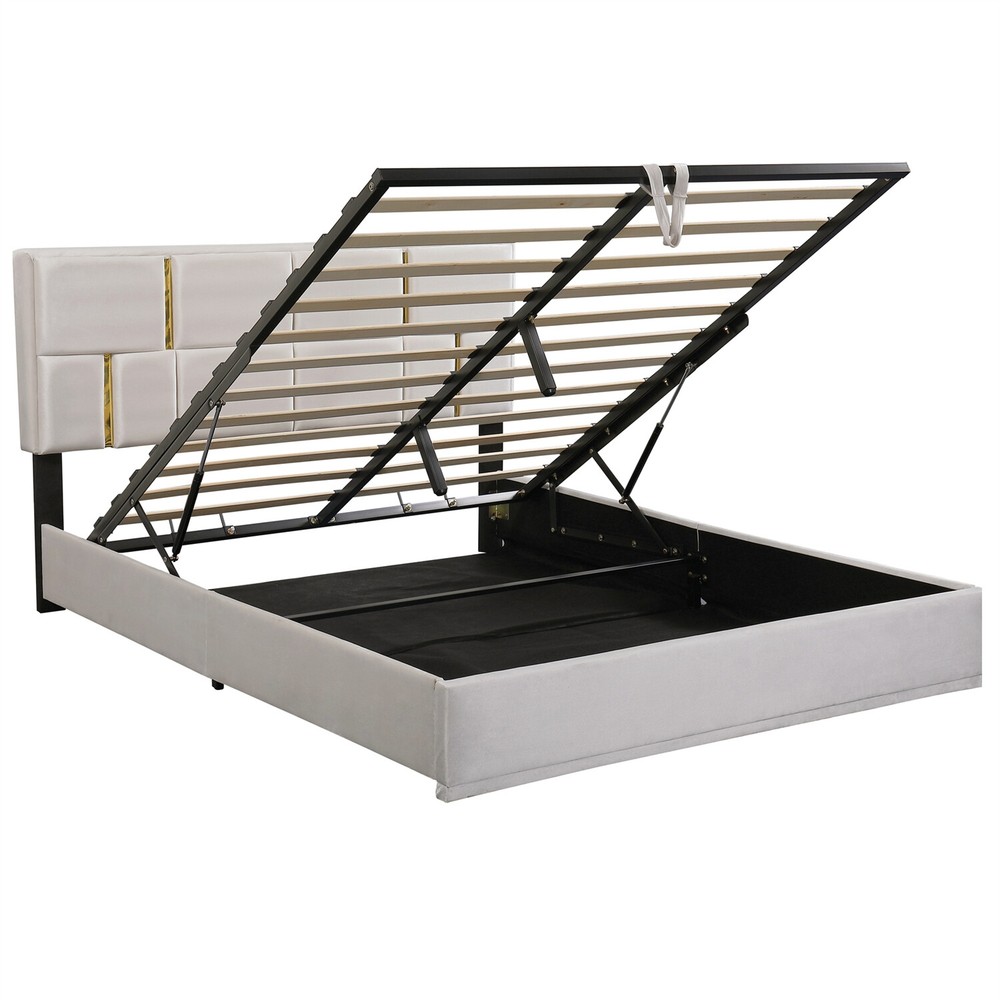 Queen Size Upholstered Platform Bed Frame with Hydraulic Storage System US