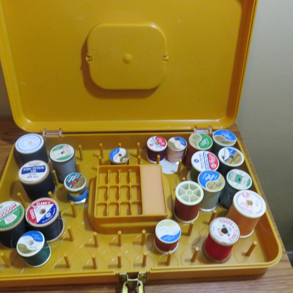 Vintage Wilson Thread Spool Bobbin Storage Box Gold with Thread
