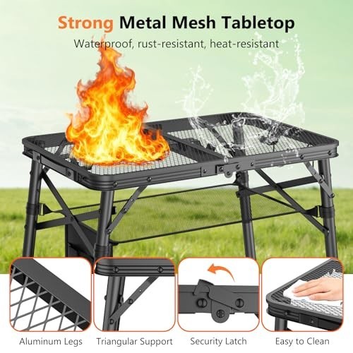 Portable Folding Grill Table - Adjustable Height Camping Table with Mesh Bag, 24