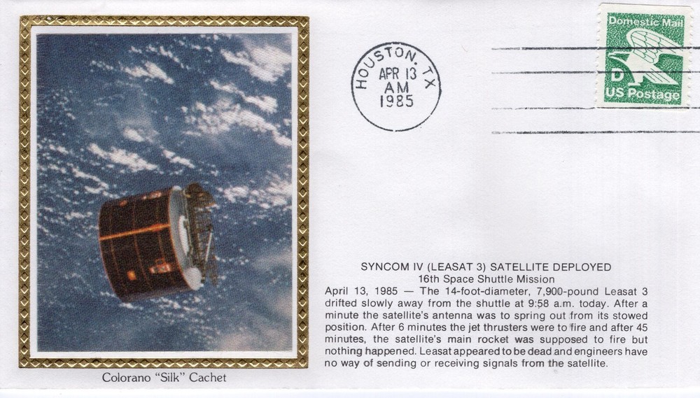 SYNCOM IV (LEASAT 3) SATELLITE DEPLOYED - HOUSTON, TX  1985  FDC17953