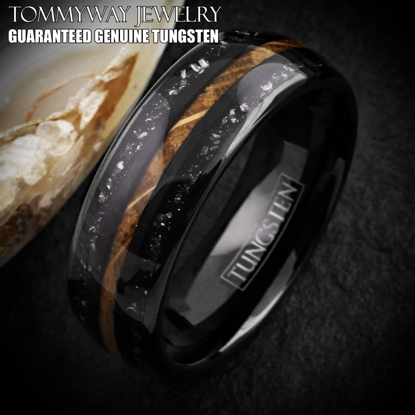Black Tungsten Carbide Men's Ring Whiskey Barrel Wood & Meteorite Wedding Band