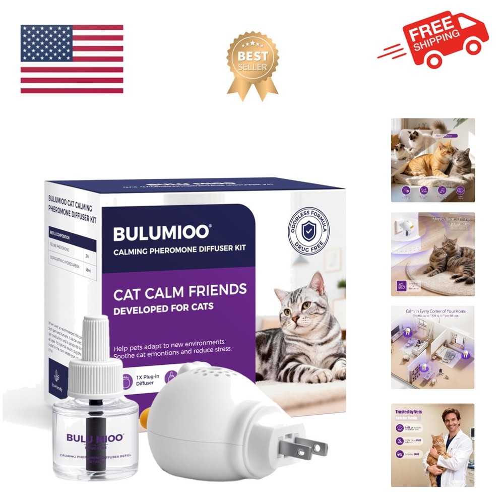 Cat Calming Pheromone Diffuser Kit 30-Day Starter – 1 Diffuser + 1 x 48ml Ref...