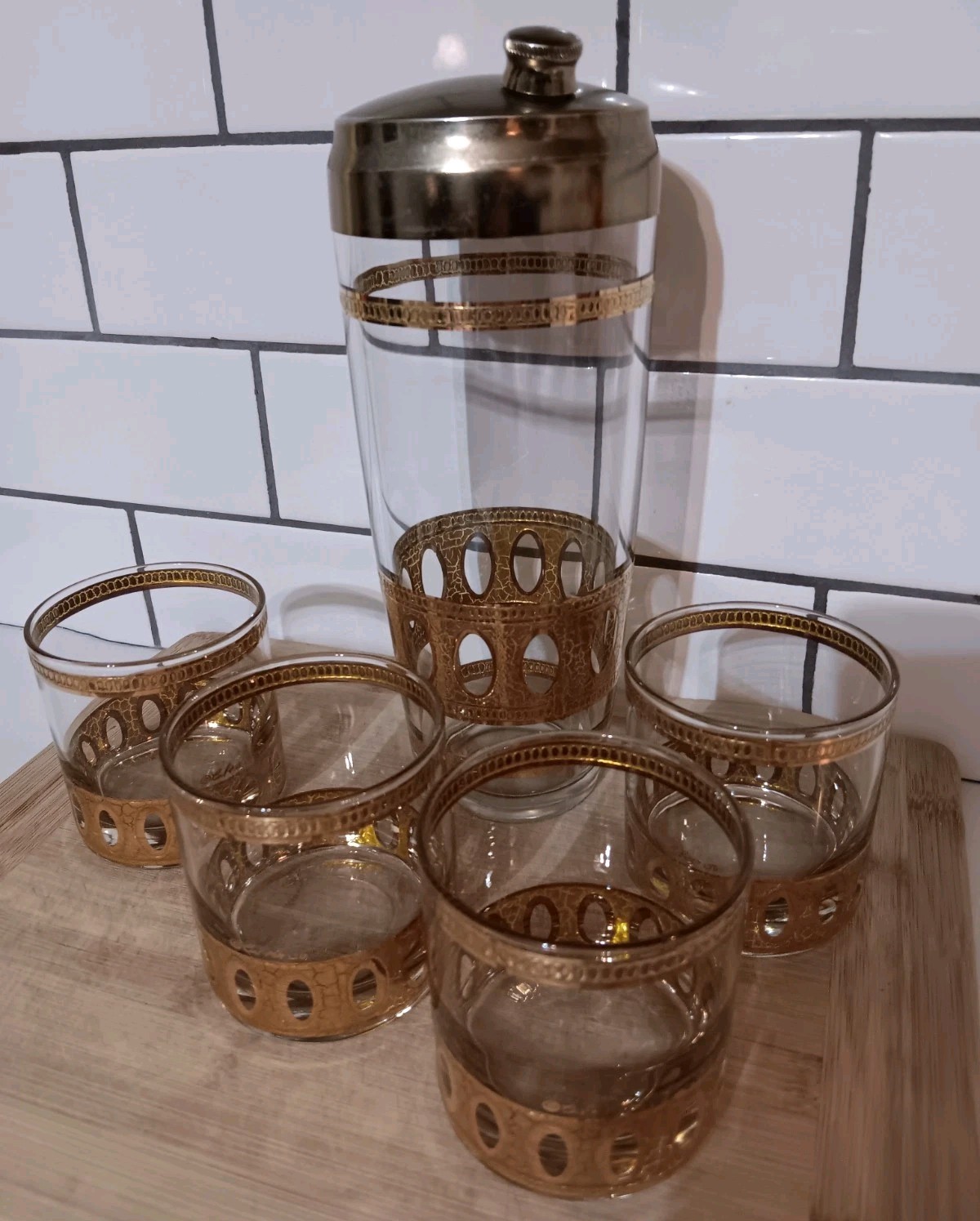 Vtg MCM 60s Culver Antigua Cocktail Shaker Low Ball 5 Pc Barware Set 22k Gold