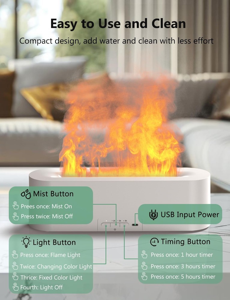 Flame Air Diffuser, Humidifier, Essential Oil Diffuser - 7 6.2 fl.oz, Black
