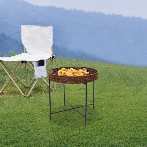 Foldable Braided Round Side Table w/Removable Tray, Imitation Rattan End Table