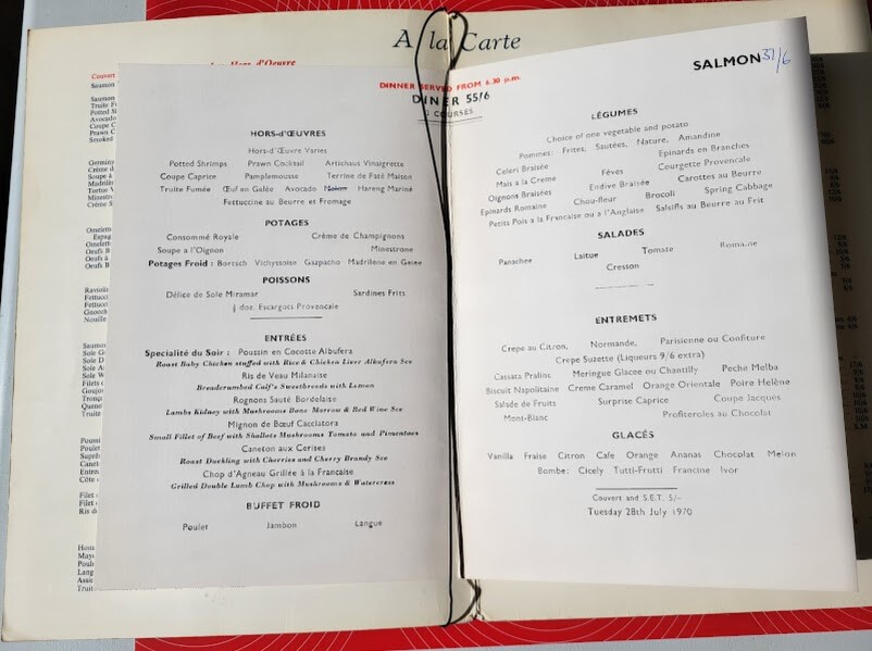 July 1970 Caprice Menu Canada Original Vintage