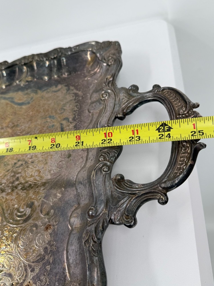 Vintage Silver Plated Copper Silver On Copper Ornate Engraved Serving Tray-25"