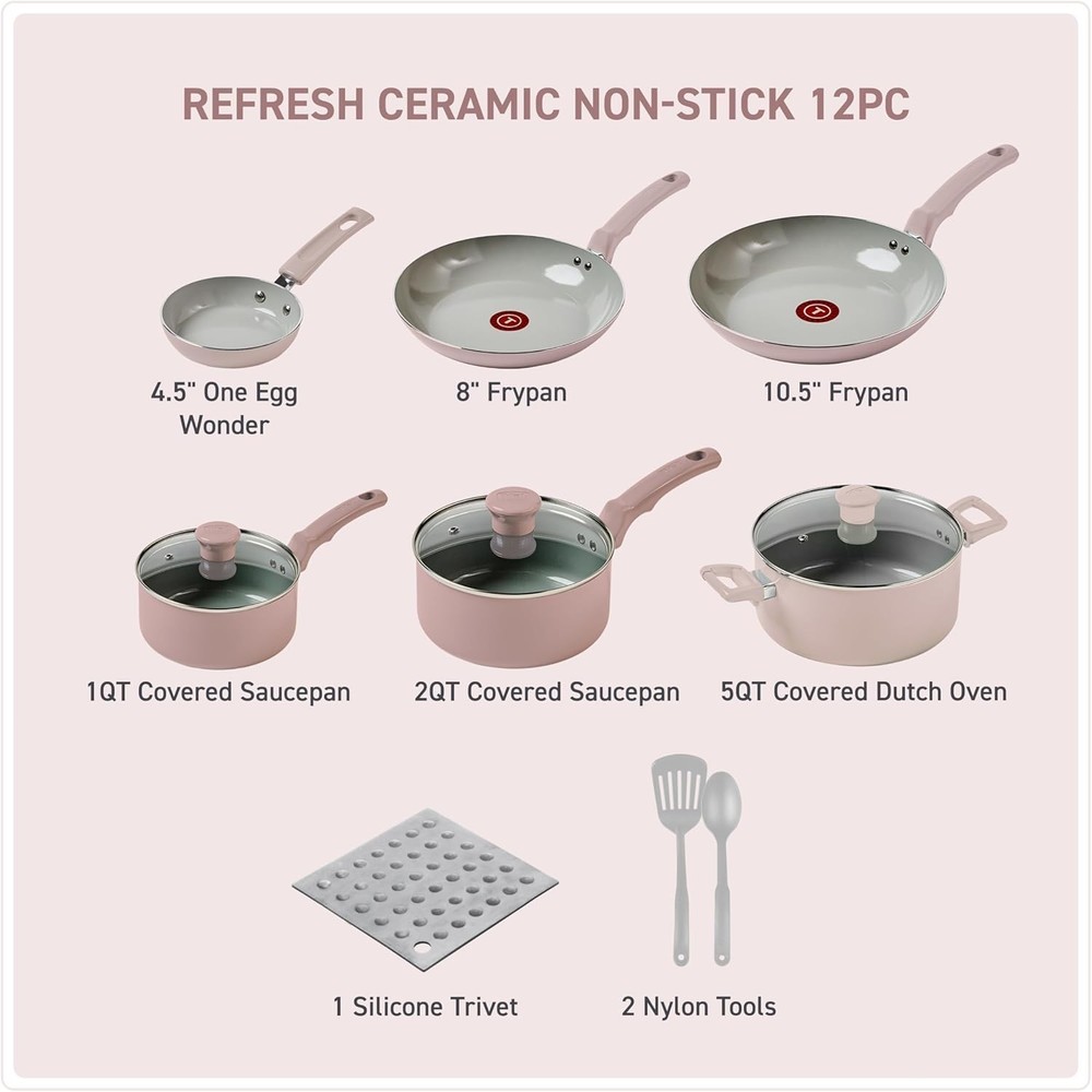 T-Fal Refresh Ceramic Nonstick Cookware Set, 12-Piece Ceramic Pots