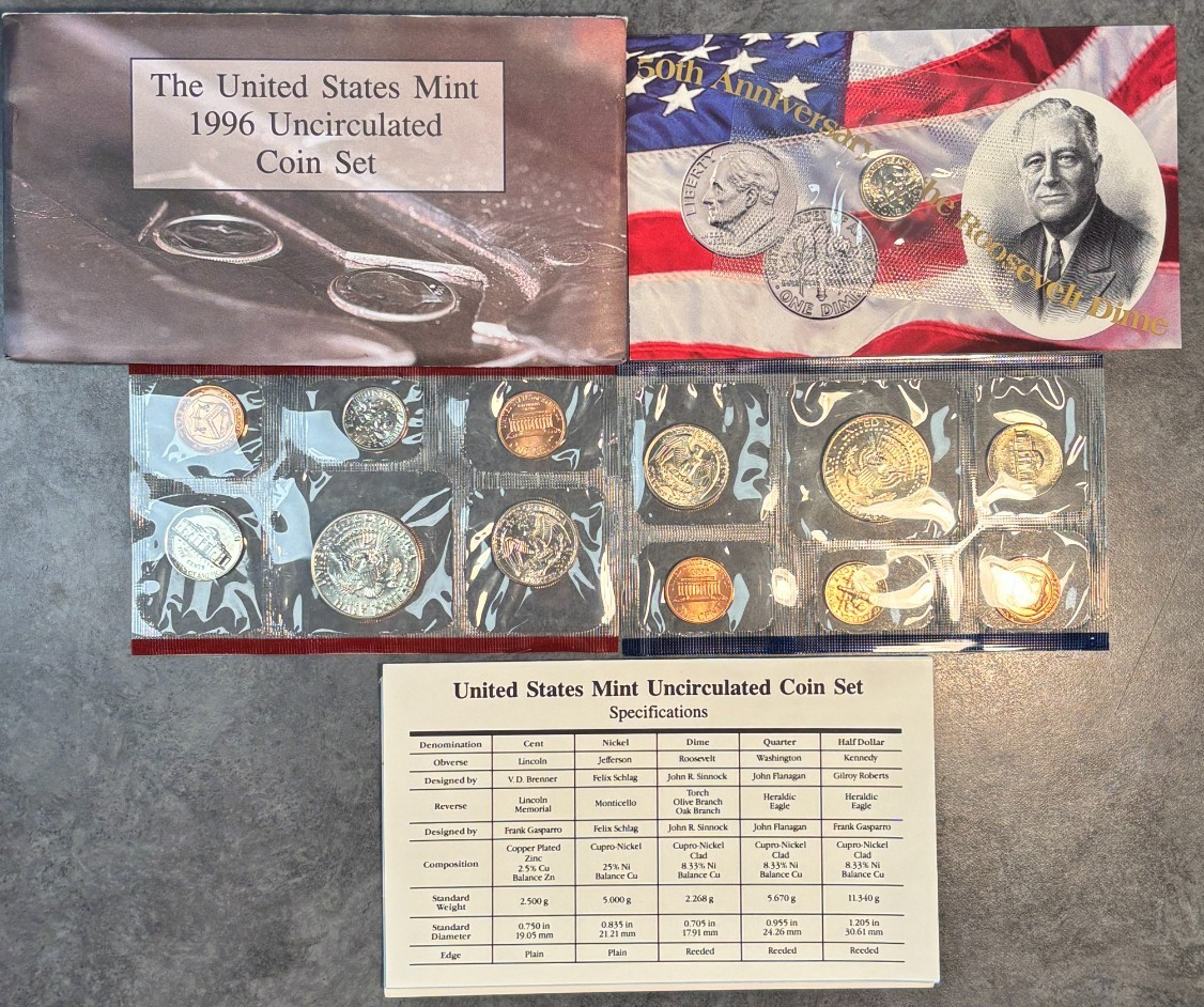 1996 P, D, & W US Mint Complete Uncirculated 11 Coin Set With West Point Dime