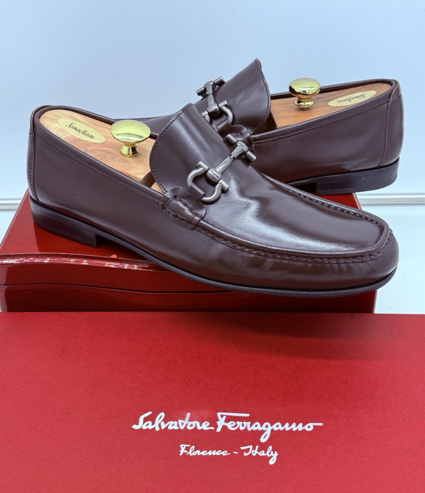 Ferragamo Mens Brown Loafers 9.5 Wide Gancini Horse Bit Leather Luxe Shoes