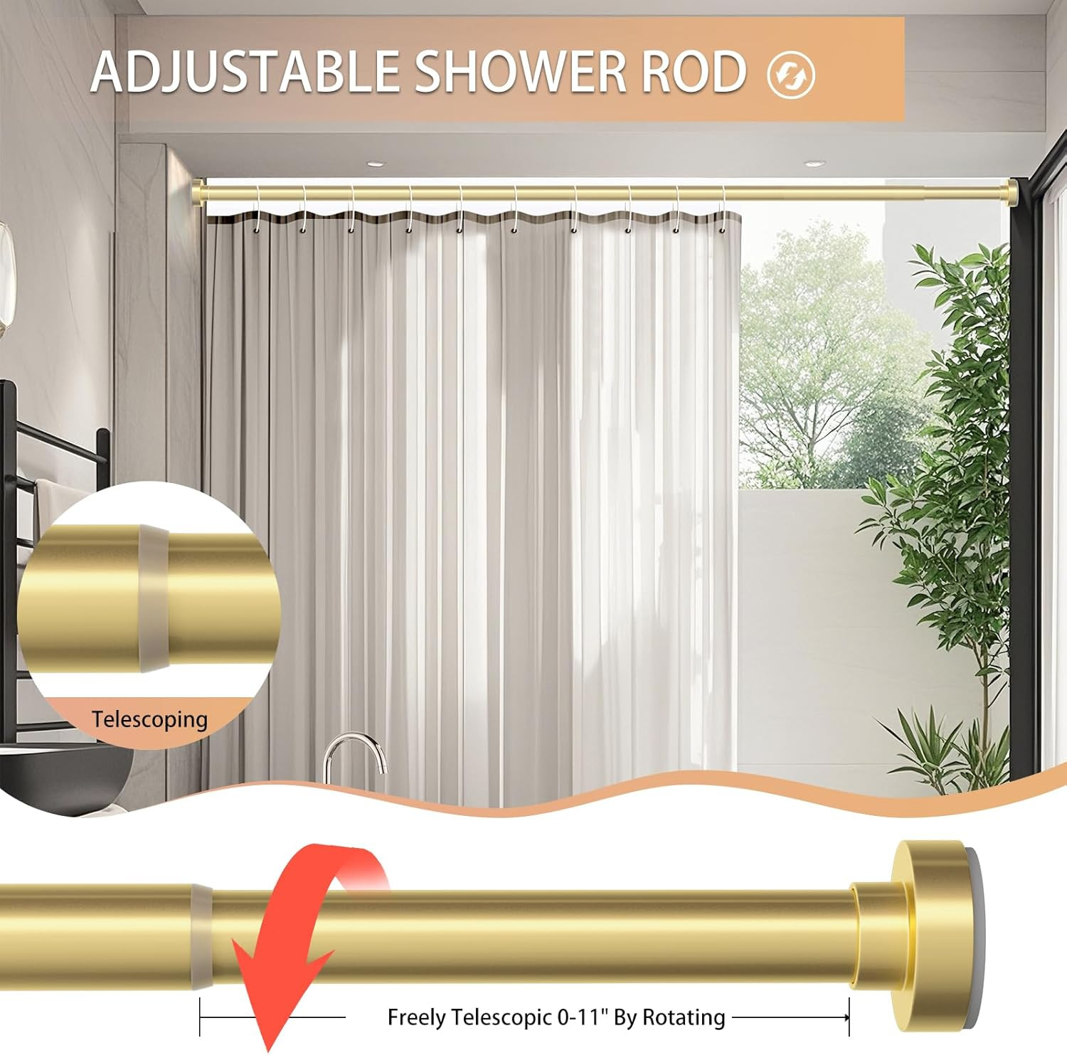 Gold Shower Curtain Rod 34-82 Inches(2.8-6.8Ft) Never Rust Adjustable Shower Rod