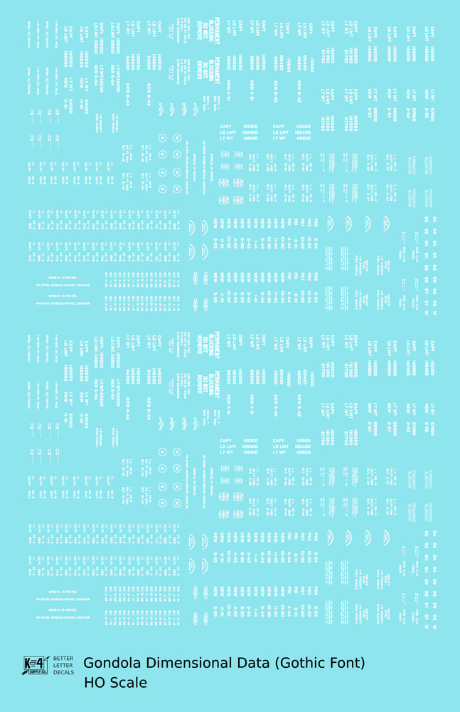 K4 HO Scale Decals White Gondola Dimensional Data Set Gothic Font