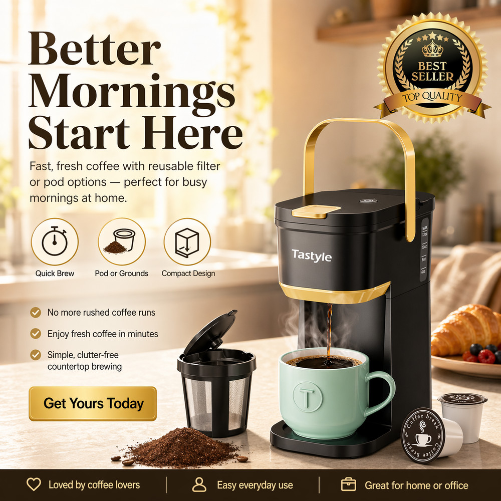 Single Serve One Cup Coffee Maker, for K Cups and Grounds, Mini Coffee Maker
