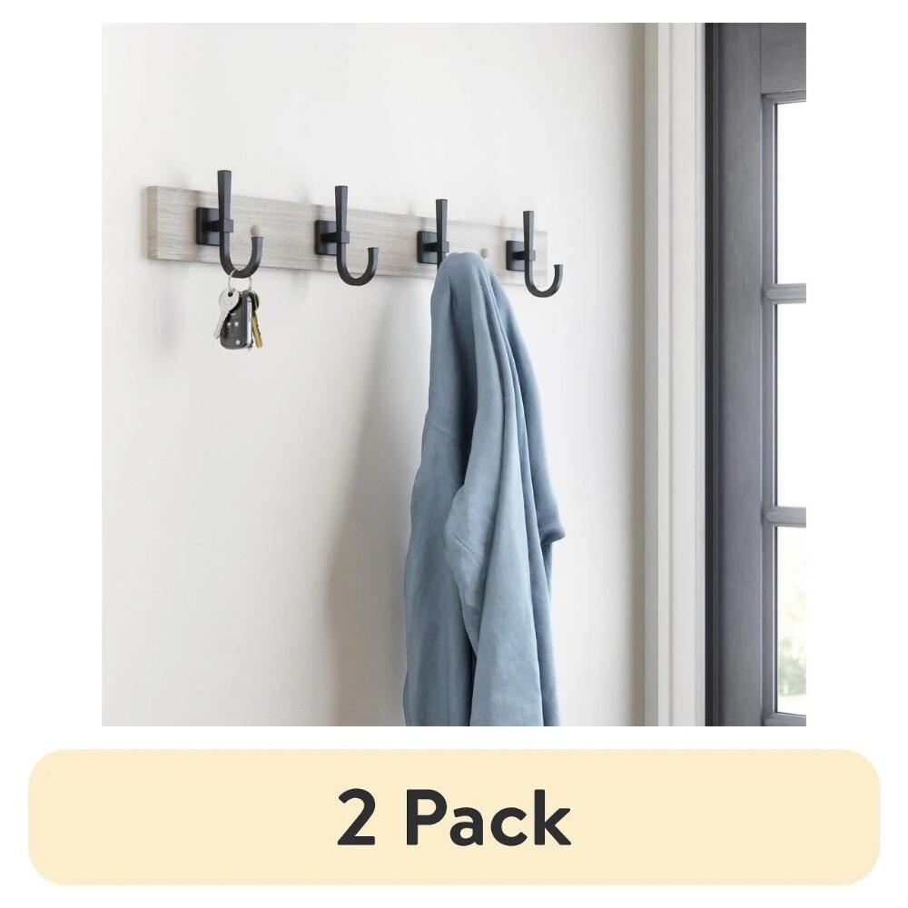 Miller 27" Wall Mounted Hook Rack, 4 Hooks, Rustic Gray & Matte Black