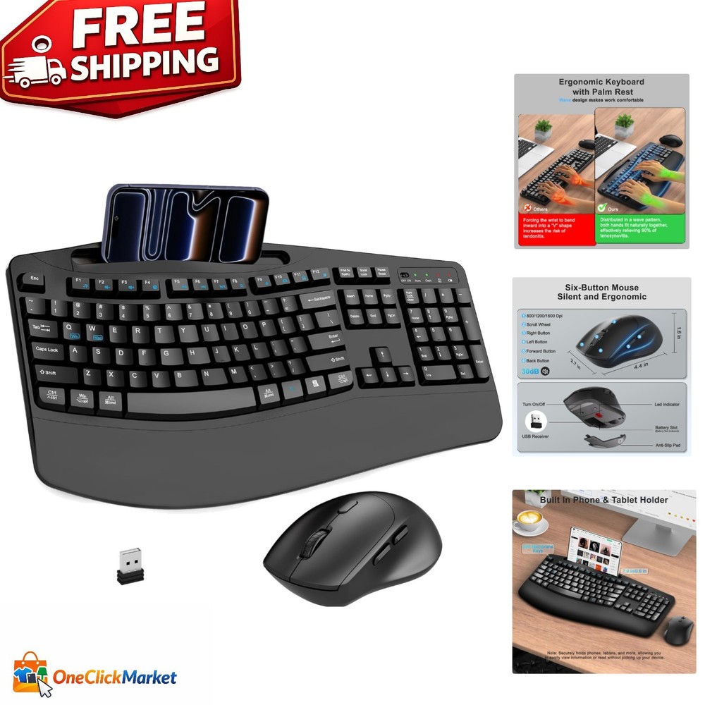 Ergonomic Wireless Keyboard & Mouse Combo with Phone Holder, Black, Quiet Design