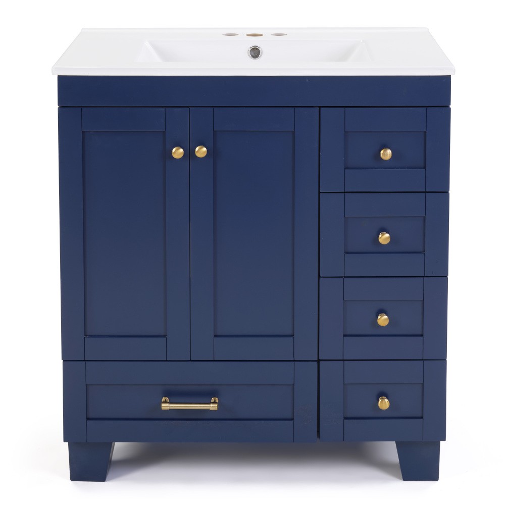 30" Blue Bathroom Vanity w/Ceramic Sink,Soft Close Drawers, Solid Wood Frame