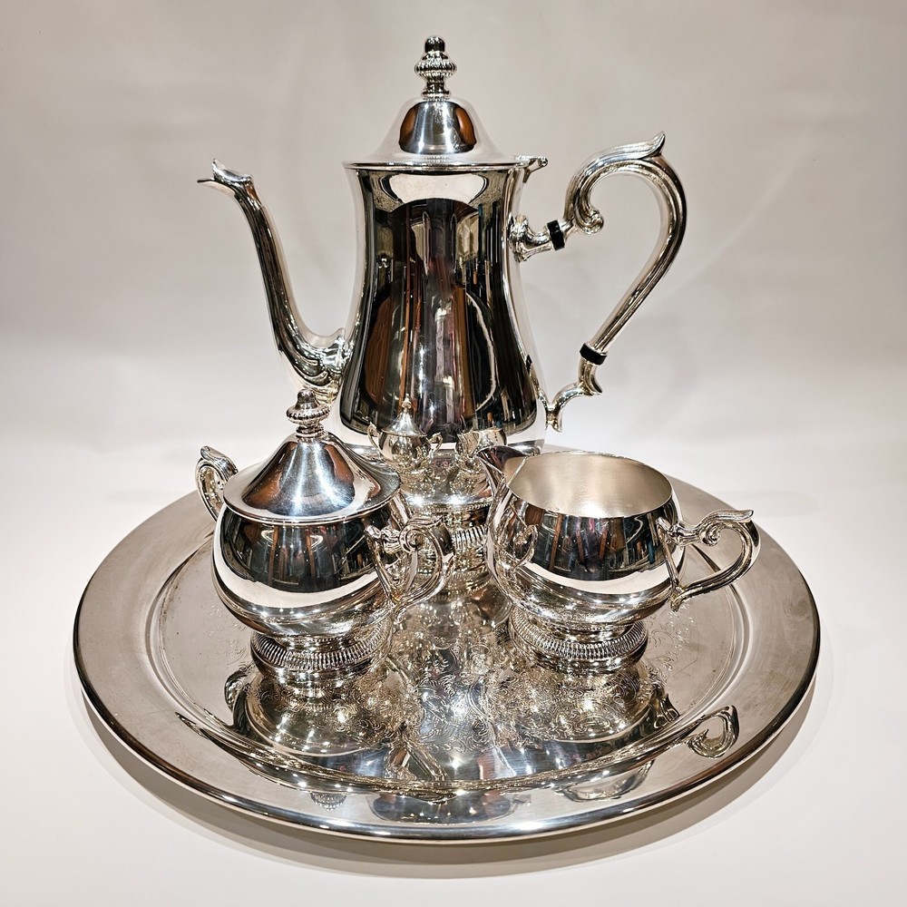 Reed & Barton S2600 Silver Plate Coffee Pot Creamer Sugar Bowl Lid Set with Tray