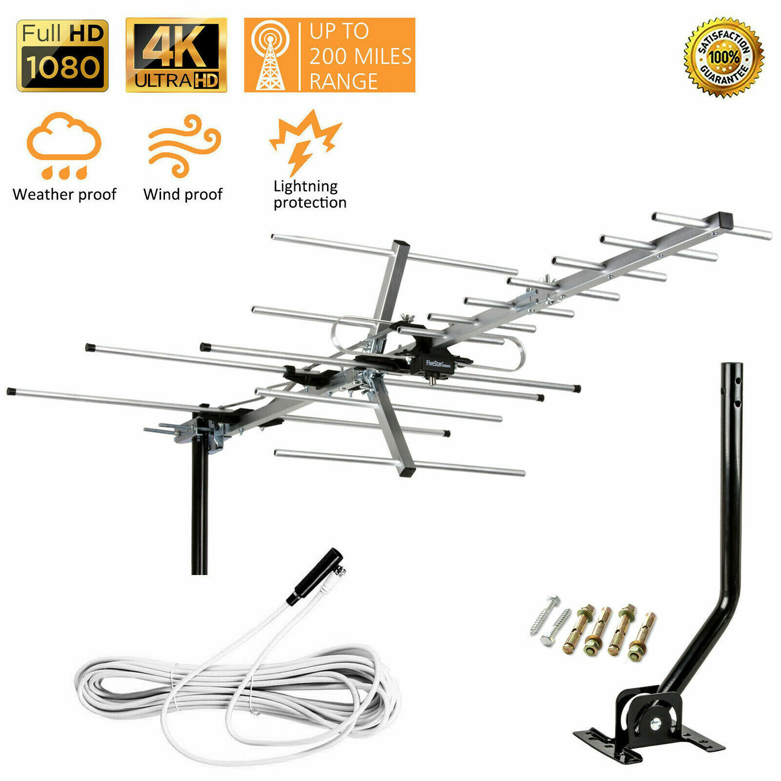 Yagi Outdoor TV Antenna 250 Mile for Strong, Weatherproof VHF UHF FM Pole