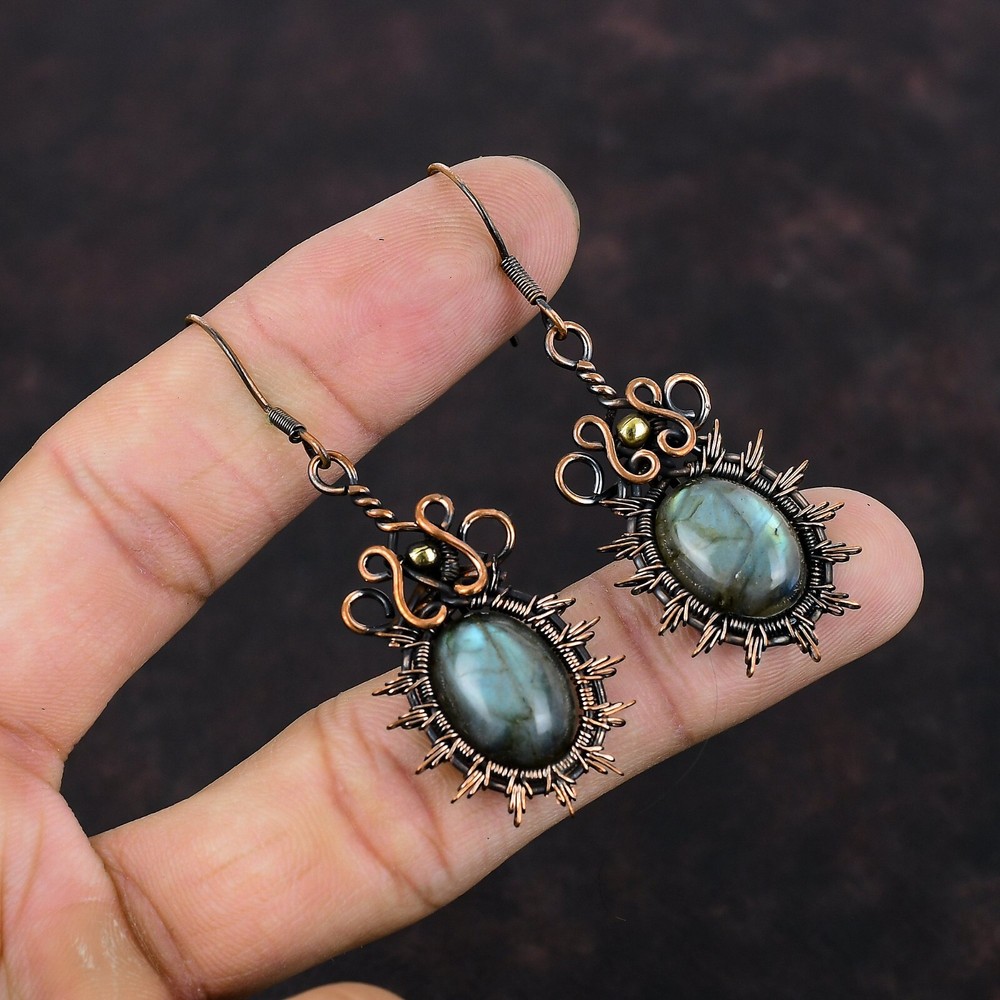 Labradorite Wire Wrapped Drop/Dangle Earrings Handcrafted Copper Ethnic 2.36"