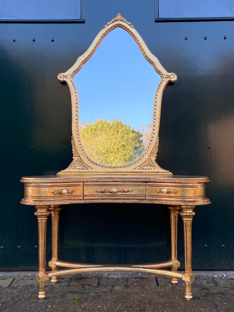 Vanity table with mirror French Louis XVI 1940s Gilt Beech Dressing Set