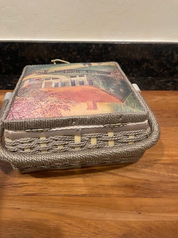 Vintage Weaved String & Fabric Sewing Basket