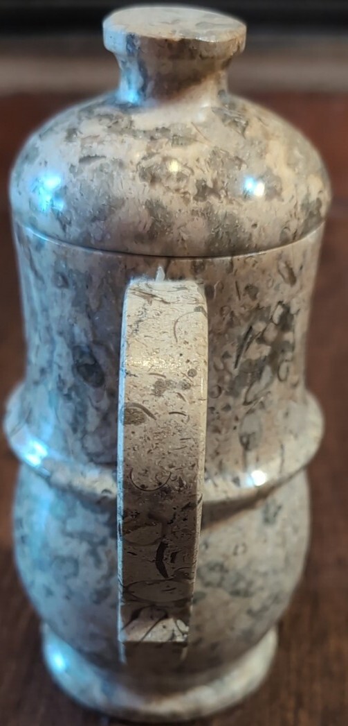 Vtg Marble Stone Tea Set: Pot + Six Cups Gray Brown Marble Patchwork