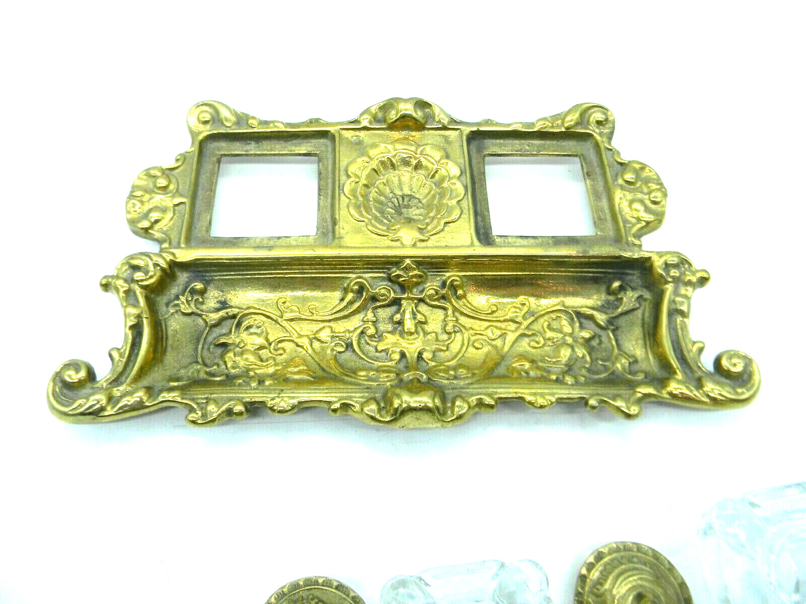 Antique Victorian Brass Desk Inkwell Pen rest Double Glass wells