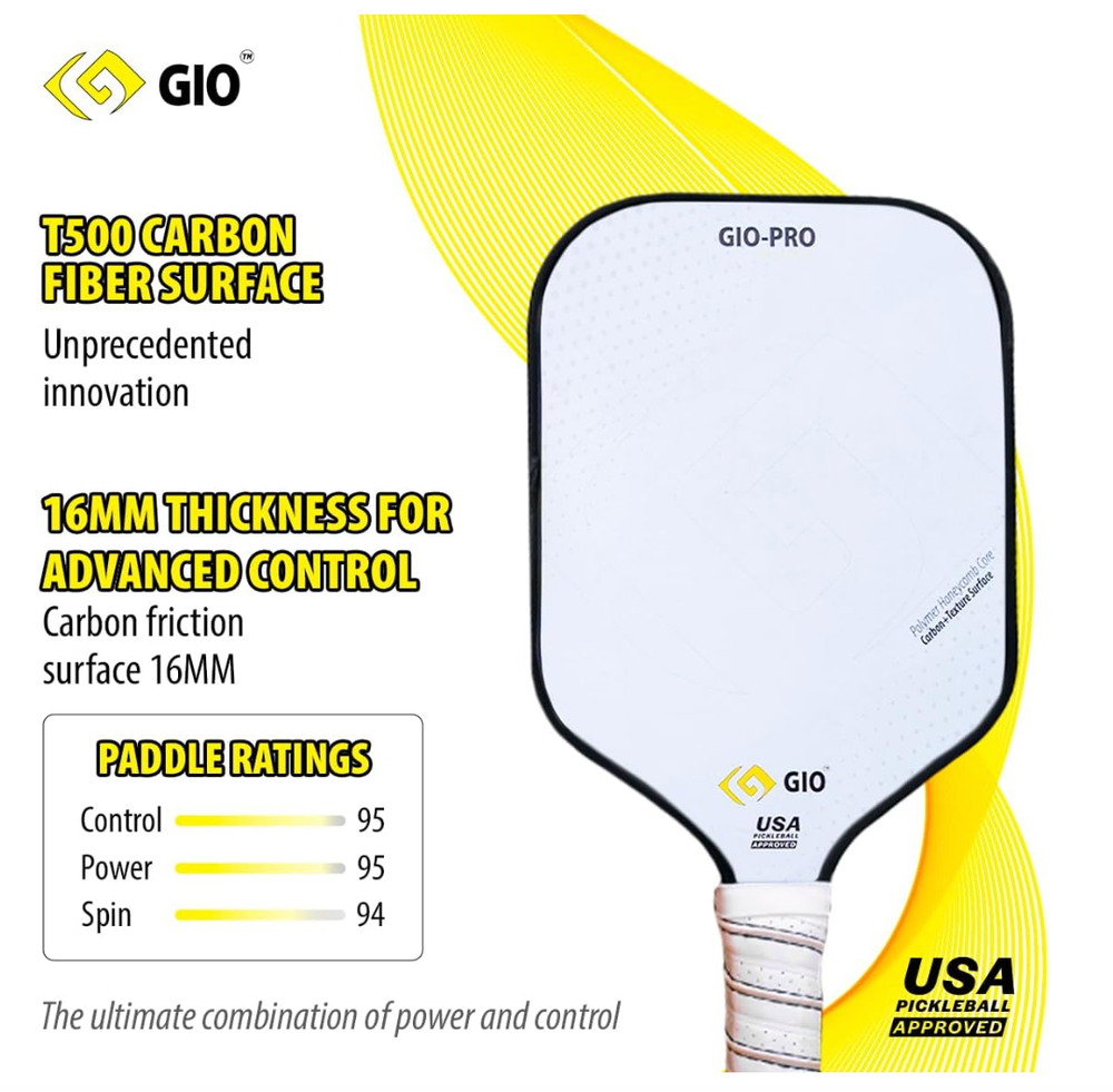GIO Pro Series Pickleball Paddle - Professional 16mm Carbon + Texture Surface