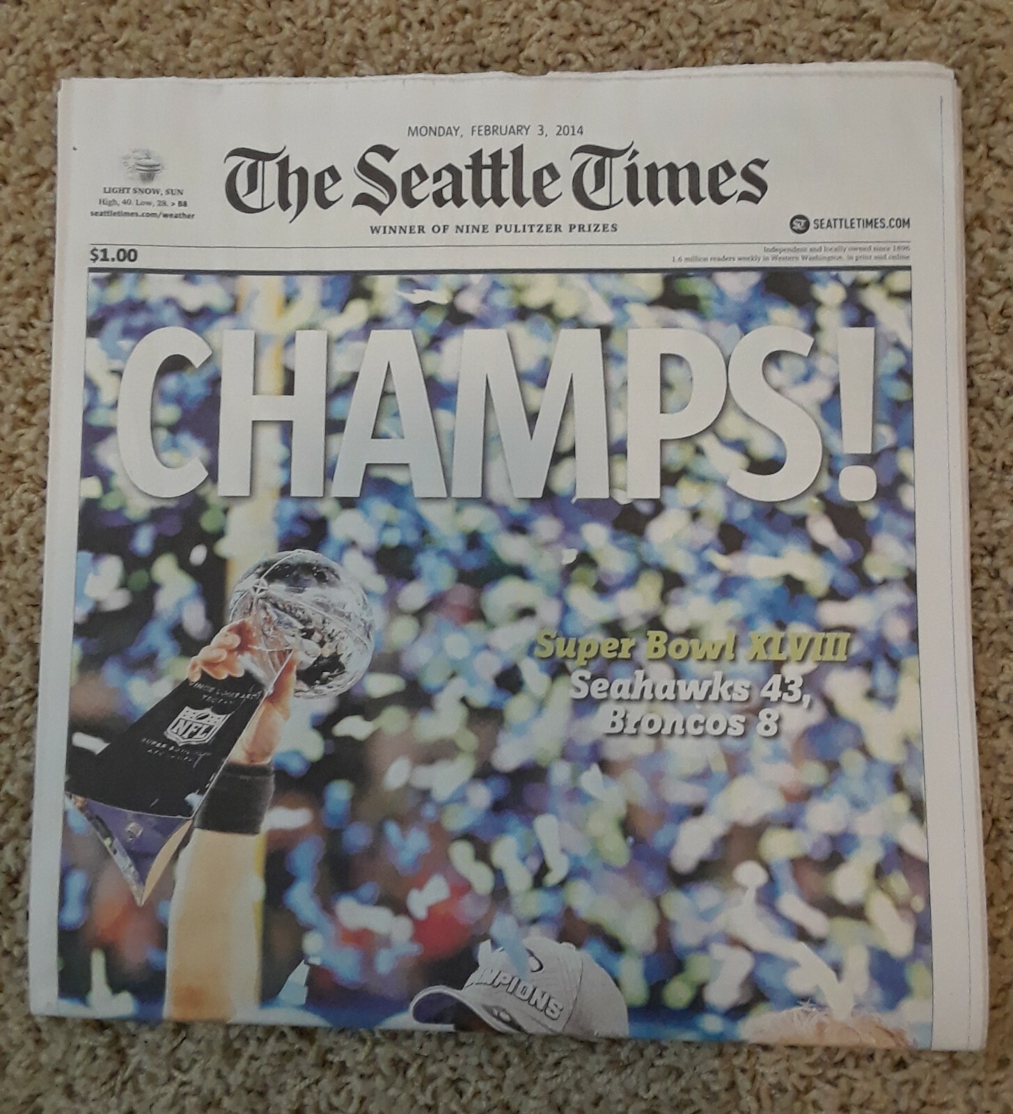 Seahawks Superbowl Seattle Times 2014 & 2026 Newspaper. Complete, Perfect Mint
