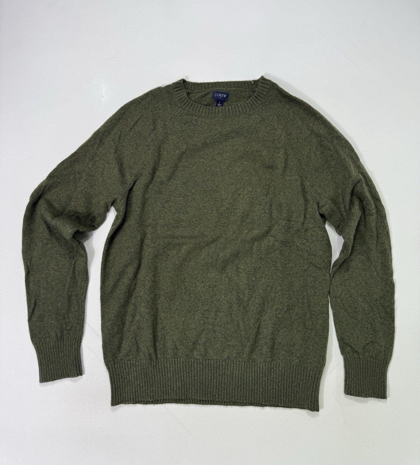 J Crew Men's Large Lambswool Green Crew Neck Sweater Classic Outdoor Commuter