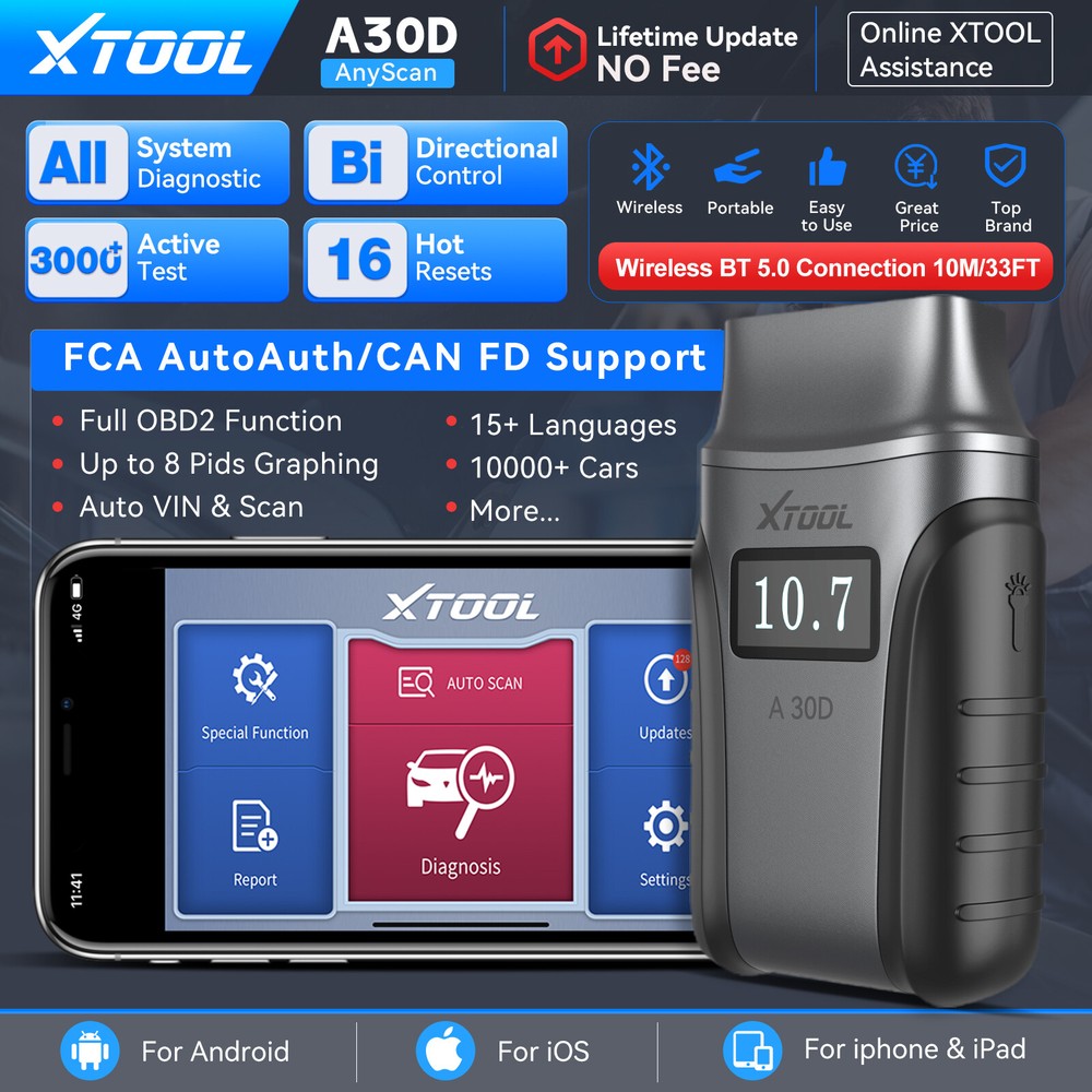 2025 XTOOL A30D V2.0 OBD2 Scanner Code Reader All System Car Diagnostic Tool FCA