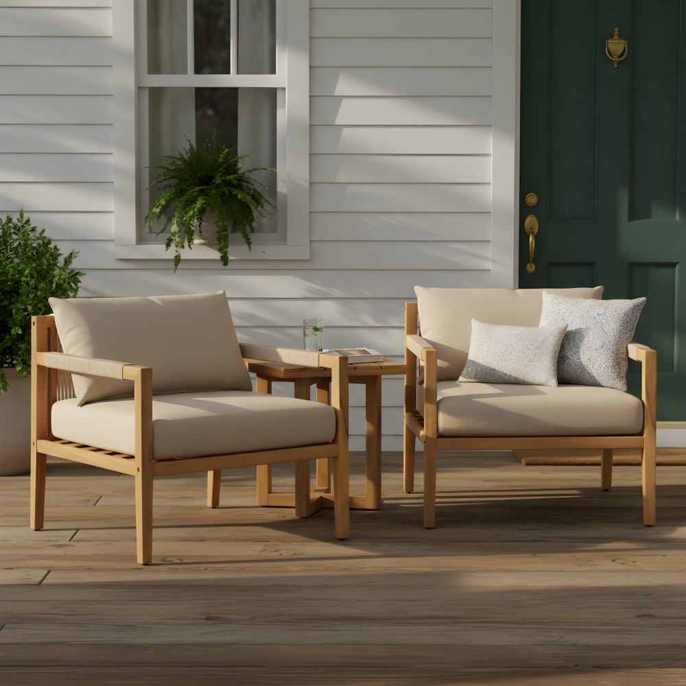 Acacia Wood Rope Chair Patio Set with Table & Beige Cushions
