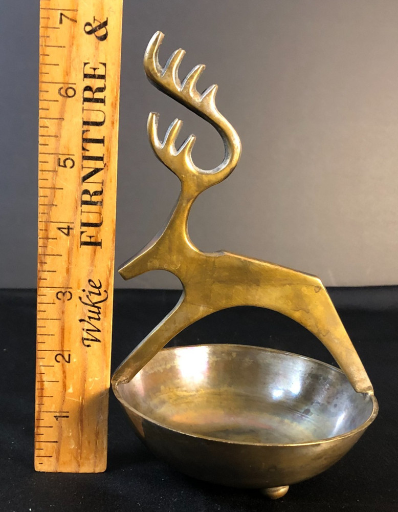 Brass Reindeer Trinket Candy Nut Dish Christmas Bowl Cabin