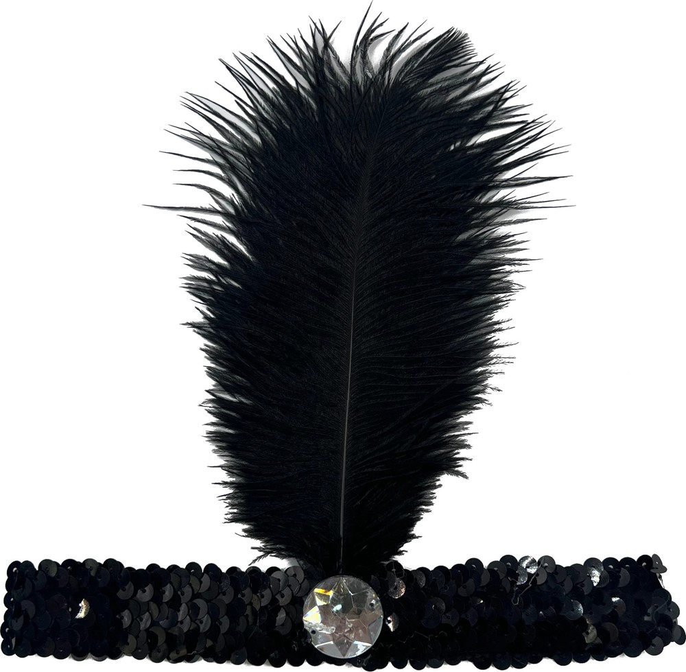 20s Flapper Black Sequin 2-Feather Headband Costume Accessory Set